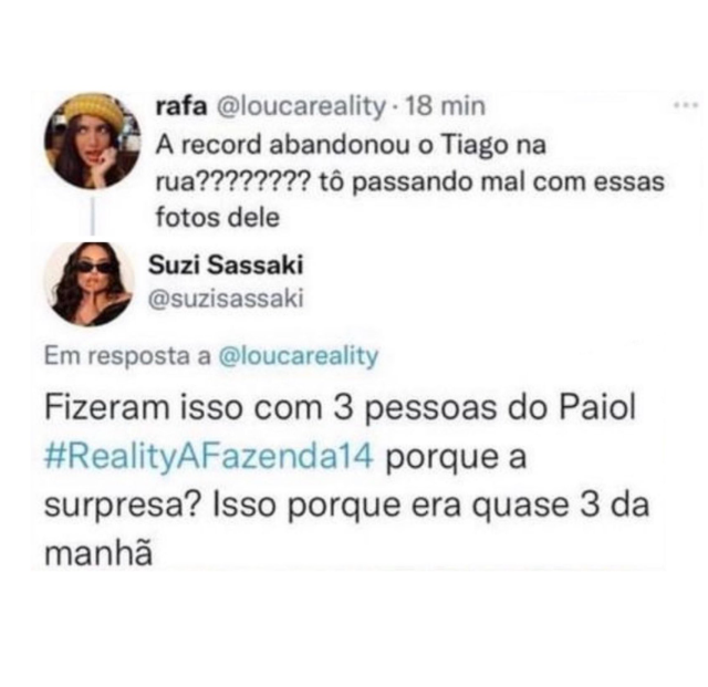 Comentário de Suzi Sasaki no Twitter sobre o que a Record fez com os participantes do paiol (Foto Reprodução/Twitter)