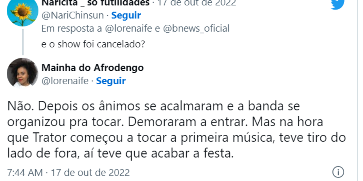 Quando foi questionado sobre o cancelamento, a mesma internauta disse que retomaram porém houve tiros do lado de fora (Foto Reprodução/Twitter)