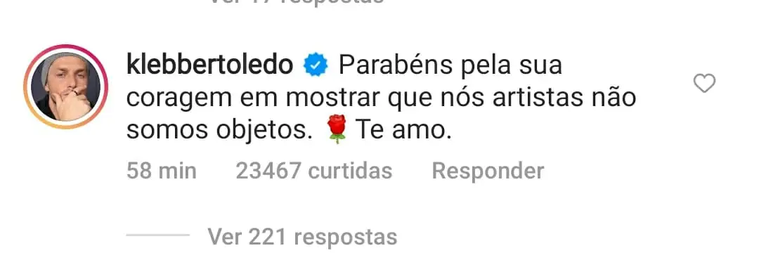 Comentário que o Klebber Toledo fez nas redes sociais na época (Foto Reprodução/Internet)