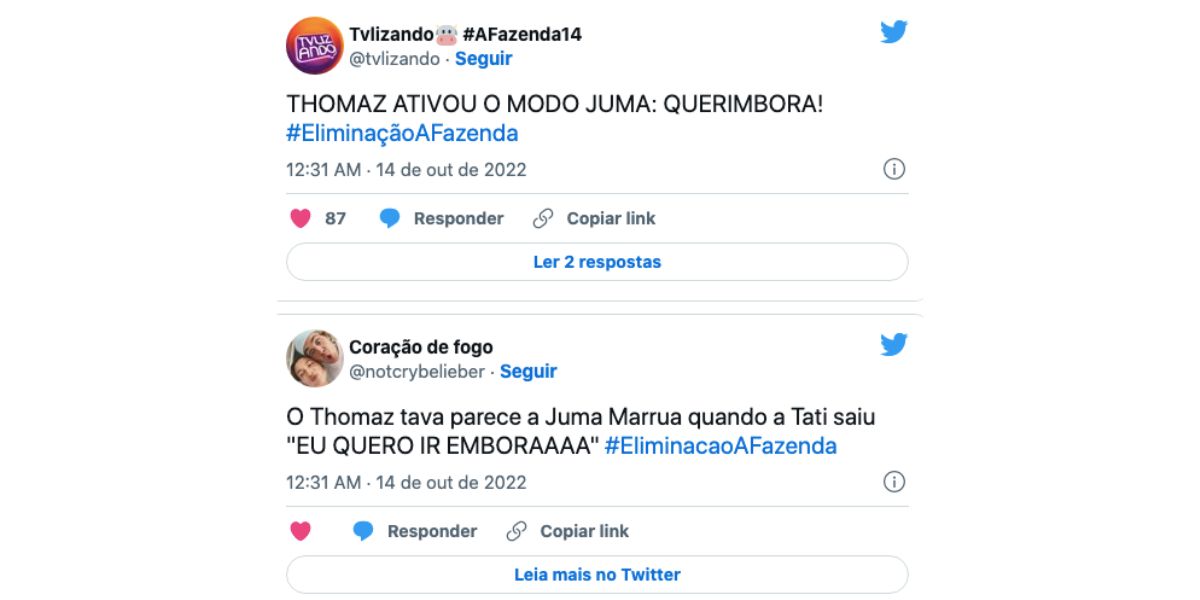 De acordo com internautas, Thomaz Costa está fazendo o mesmo que Juma na Fazenda 14 (Reprodução)