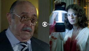 A cena icônica da morte de Gonçalo (Mauro Mendonça) em A Favorita ganhou uma versão mais leve (Foto: Reprodução / Globo / Montagem TV Foco)