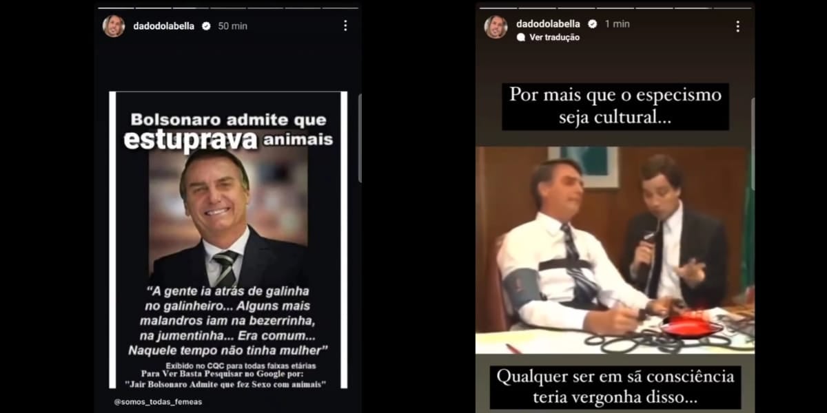Dado Dolabella divulga vídeo em que Jair Bolsonaro revela ter cometido zoofilia (Reprodução: Instagram)