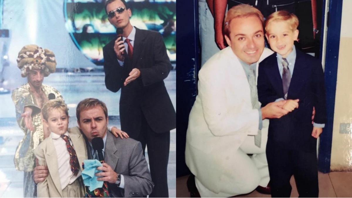 Dani Boy, o Guguzinho, ao lado de ET e Rodolfo e do apresentador Gugu Liberato, no Domingo Legal