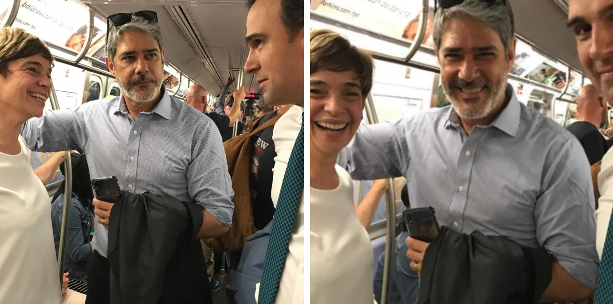 William Bonner andando de metrô ao lado de Renata Lo prete e Tadeu Schmidt (Foto Reprodução/Montagem/Tv Foco)