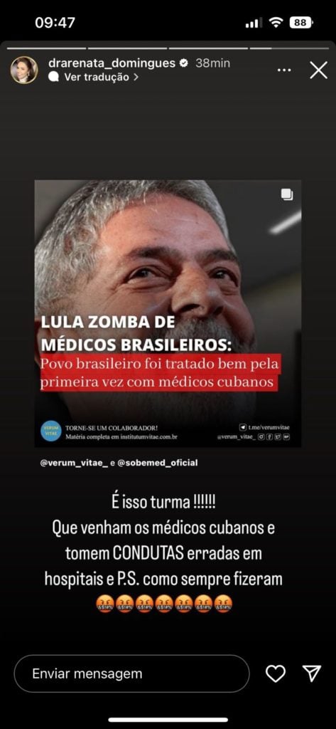 Esposa de Carlos Alberto critica fala de Lula sobre médicos nas redes sociais (Foto: Reprodução) 