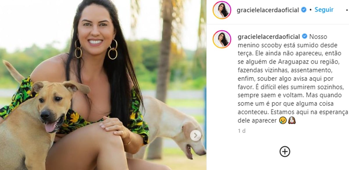 Graciele Lacerda faz triste comunicado em texto sobre seu cachorro Scooby que desapareceu