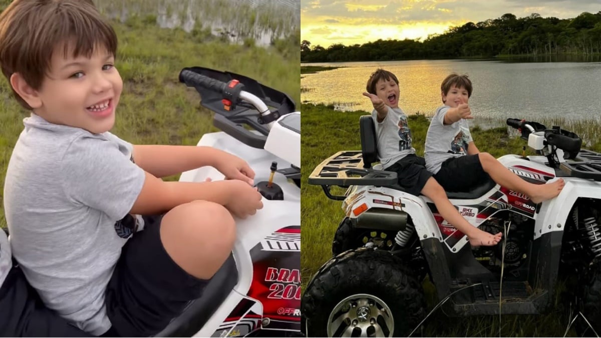 Gabriel e Samuel se divertem com o pai famoso em fim de tarde lindo 