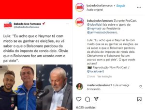 Em entrevista histórica com recorde de espectadores, Lula debocha de Neymar: "Bolsonaro fez um acordo com o pai dele" (Foto: Reprodução / Twitter)