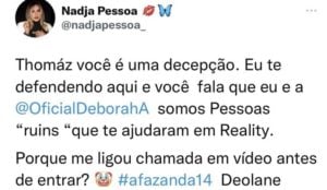 Nadja Pessoa expõe ingratidão de Thomaz Costa, último eliminado de A Fazenda 14 (Foto: Reprodução / Twitter)