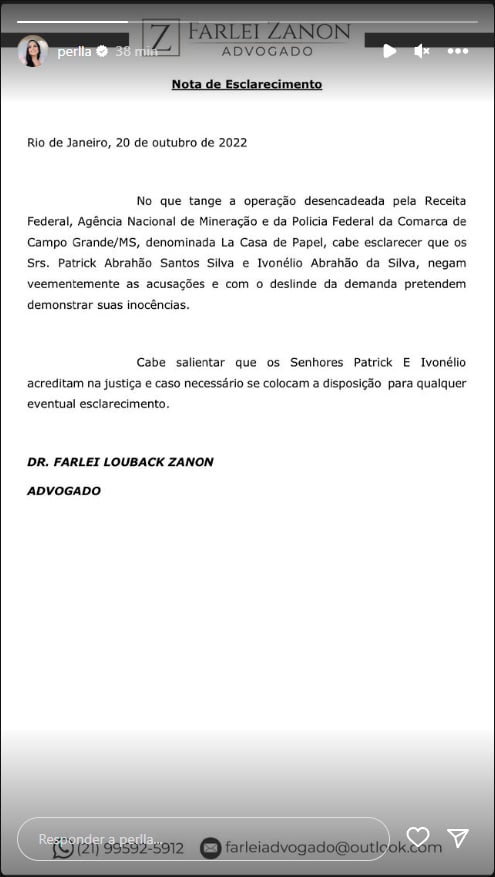 Comunicado sobre a prisão do marido de Perlla (Foto: Reprodução/Instagram)