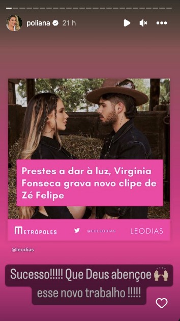 Poliana Rocha compartilha notícia sobre gravação de clipe de Zé Felipe (Reprodução)