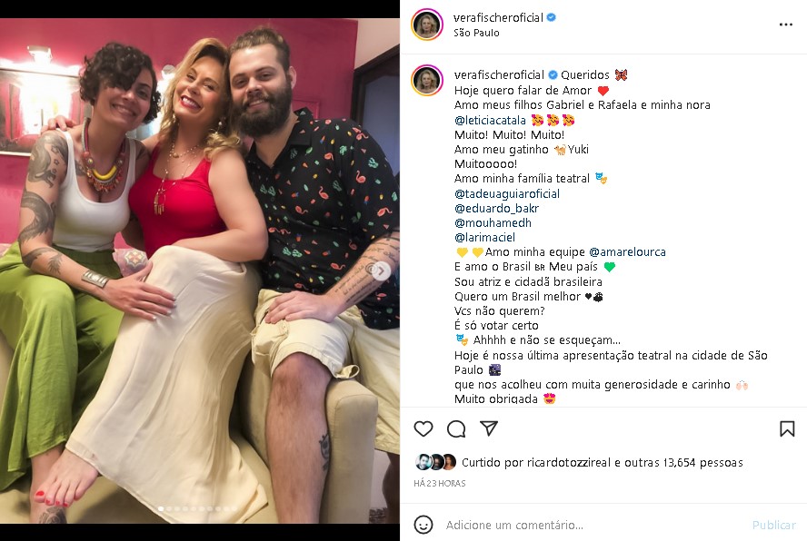 Vera Fishcer surgiu na companhia de seus filhos e surpreendeu (Foto: Reprodução/ Instagram)
