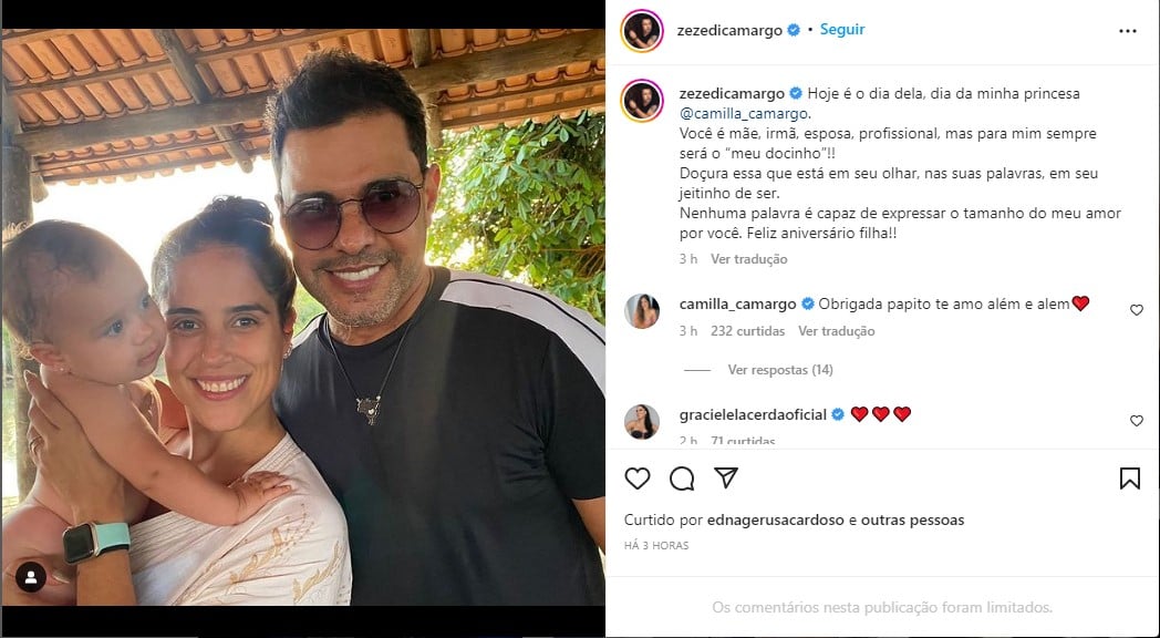 Zezé se declara a filha, Camilla Camargo - Foto: Reprodução