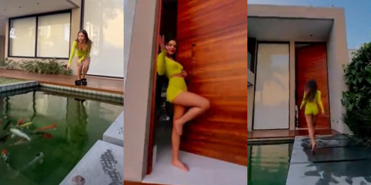 Jade Picon mostrando a porta gigantesca da sua mansão e seus peixes que ficam na entrada da propriedade (Foto Reprodução)