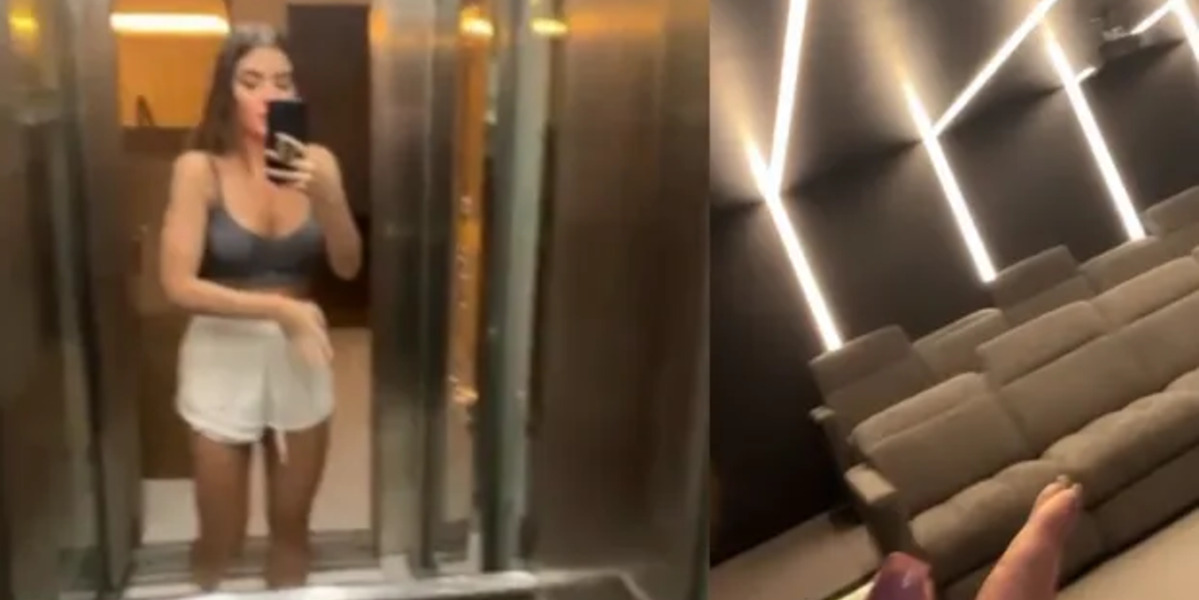 Jade Picon mostrando o elevador da sua propriedade e a sala de cinema (Foto Reprodução/Internet)