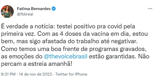 Fátima Bernardes anunciou que testou positivo para a Covid, mas garantiu a estreia do The Voice