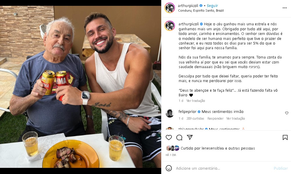Arthur Picoli se mostrou emocionado ao se despedir de seu avô, que morreu (Foto: Reprodução/ Instagram)