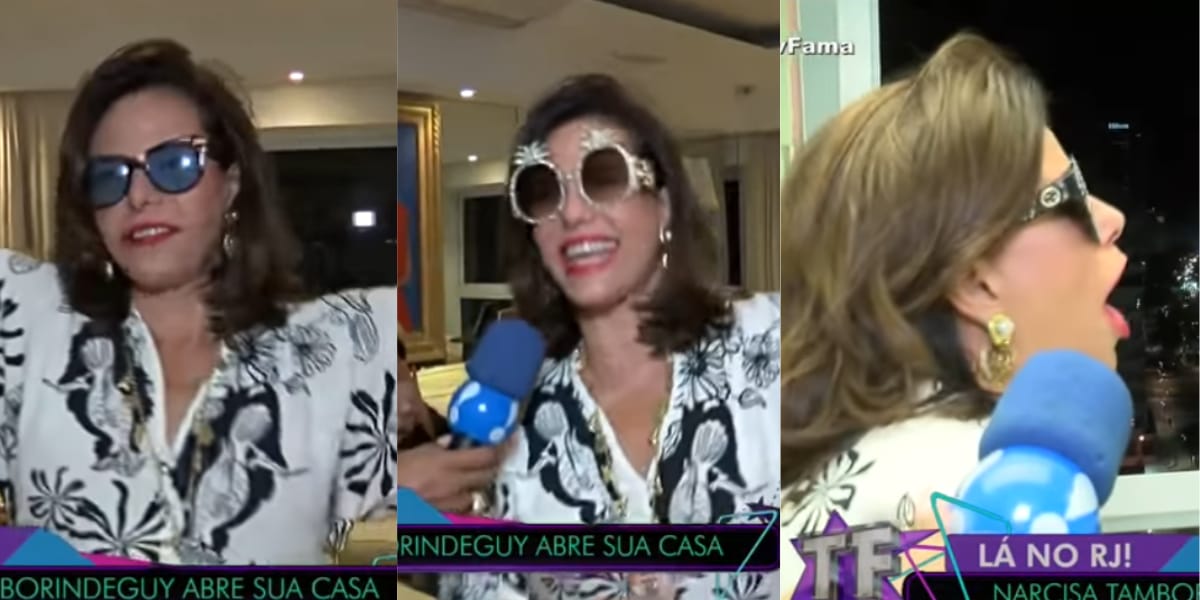 Em cada momento da matéria, Narcisa estava usando um óculos diferente (Reprodução: RedeTV!)