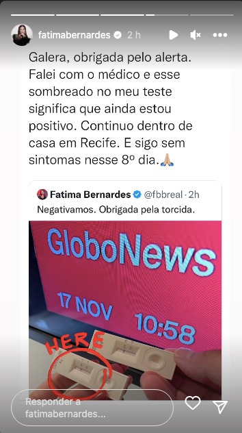 De acordo com Fátima Bernades, seu teste para a Covid-19 não deu negativo (Reprodução) De acordo com Fátima Bernades, seu teste para a Covid-19 não deu negativo (Reprodução)