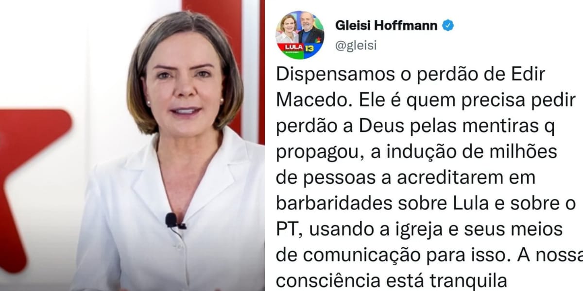 Gleisi Hoffmann não aceita pedido de desculpas de Edir Macedo e faz graves acusações (Reprodução: Twitter)