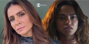 Bomba em Travessia - Helô (Giovanna Antonelli) arranca máscara de Brisa (Lucy Alves) e coloca a mocinha contra a parede (Foto: Reprodução / Globo / Montagem TV Foco)