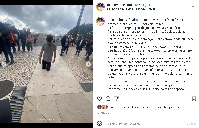 Joaquim Lopes pagou promessa de joelhos, mas relatou que sentiu muitas dores (Foto: Reprodução/ Instagram)