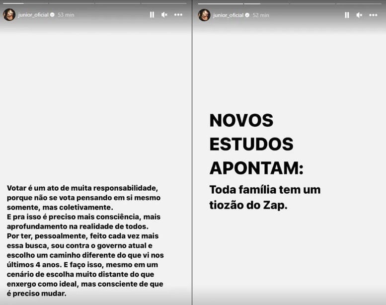 Junior Lima se posiciona sobre eleições e faz 'ataque' em relação a rompimento familiar com o tio famoso 
