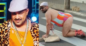 De maneira única e divertida, Evandro Santo vestiu algumas peças da marca Girassol e fez vídeos nas ruas da cidade (Foto: Reprodução / Instagram / Montagem TV Foco)
