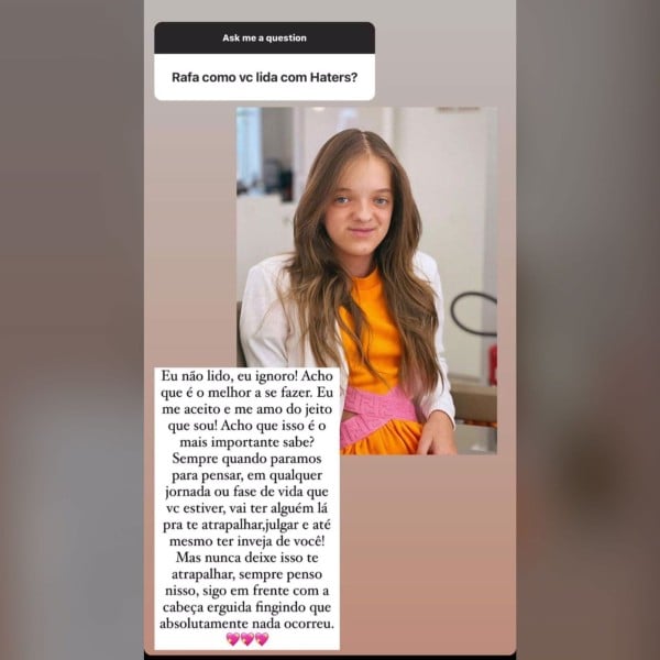 Rafa Justus, filha de Tici Pinheiro e Roberto Justus, é questionada sobre como reage a críticas e dá melhor respostar possível - Foto Reprodução Instagram