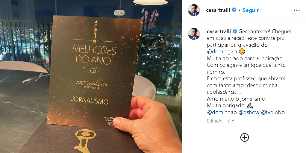 Jornalista Cesar Tralli, esposo da Ticiane Pinheiro, expôs nas redes sociais uma cartinha que recebeu da Globo e Roberto Justus se manifestou - Foto Reprodução Instagram