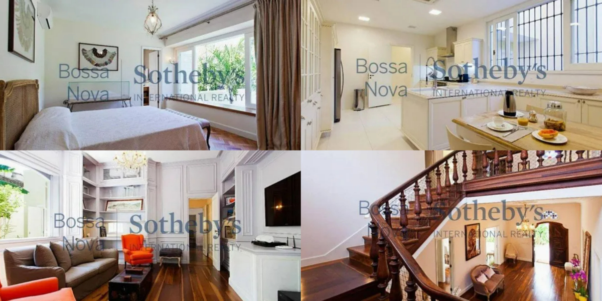 Propriedade possui sala de jantar com pé-direito alto e lustres do século 18 (Foto: Divulgação/Bossa Nova Sothebys)
