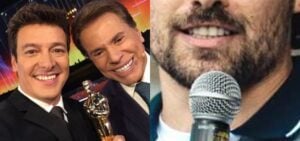 Rodrigo Faro presentou o novo apresentador da Record com um colar que ganhou das mãos de Silvio Santos- Foto: Montagem/TV Foco