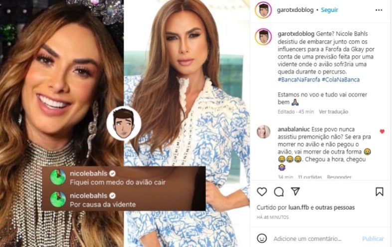A modelo e ex-Panicat Nicole Bahls desistiu de viajar em avião fretado por Gkay para Fortaleza devido a previsão de vidente (Foto: Reprodução/Instagram)