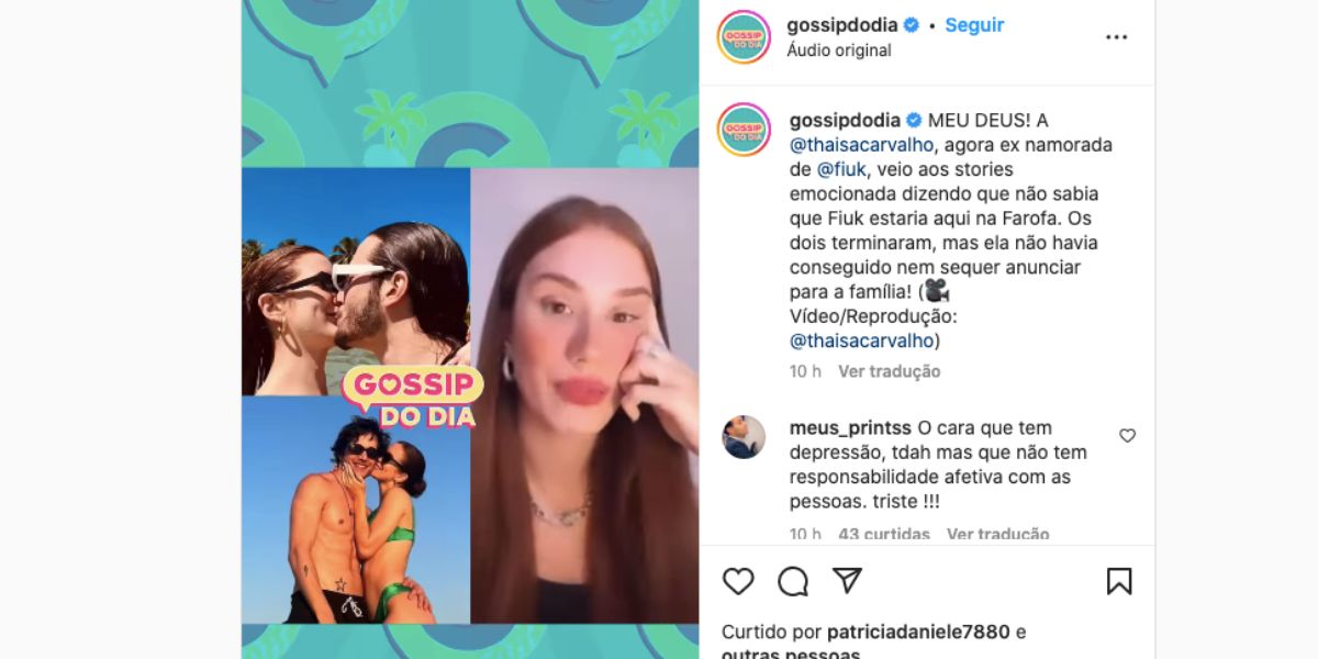 De acordo com Thaisa Carvalho, Fiuk não é mais seu namorado (Reprodução) 