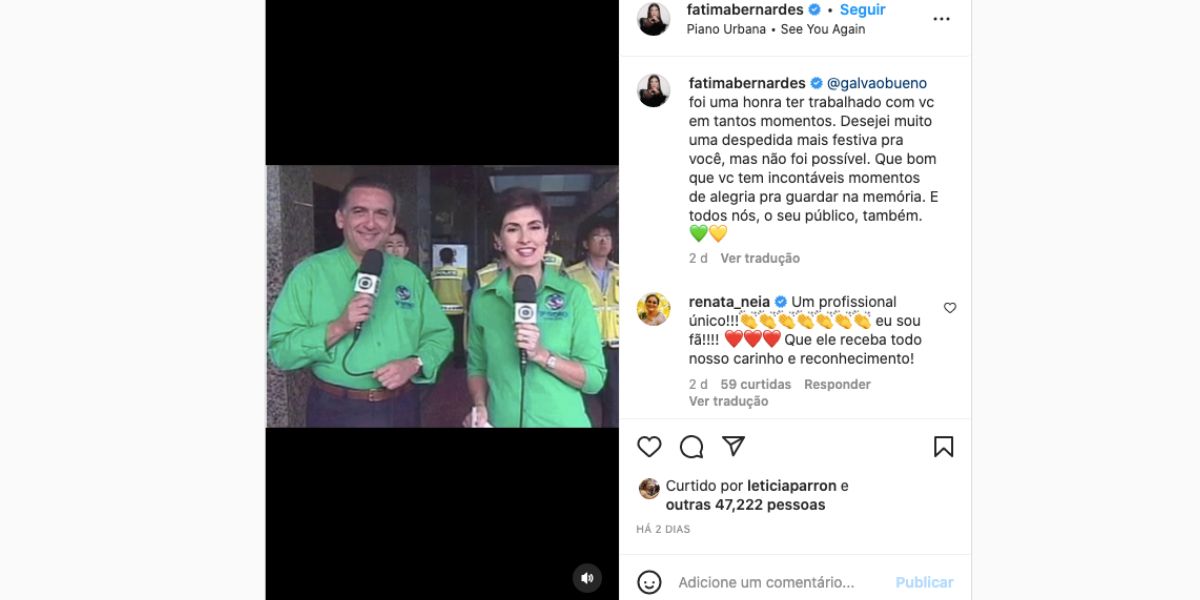 De acordo com Fátima Bernardes, despedida de Galvão Bueno poderia ser mais festiva De acordo com Fátima Bernardes, despedida de Galvão Bueno poderia ser mais festiva