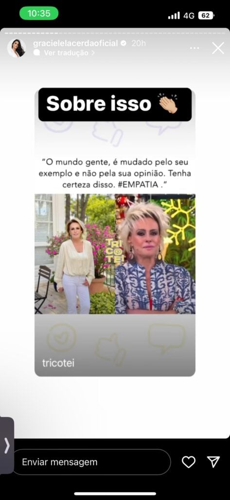 De acordo com Graciele Lacerda, Ana Maria está certa em mensagem (Reprodução) De acordo com Graciele Lacerda, Ana Maria está certa em mensagem (Reprodução)