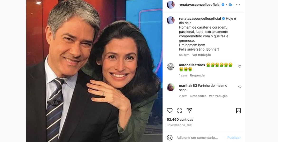 Renata Vasconcellos faz desabafo sobre William Bonner (Reprodução) Renata Vasconcellos faz desabafo sobre William Bonner (Reprodução)