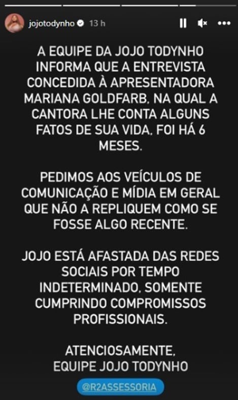 Equipe da artista emite nota em seu nome e faz pedido à imprensa 