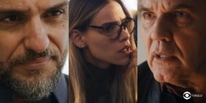 Sara está no meio de Moretti e Guerra (Foto: Reprodução/Globo/Colagem/Thais Teles)