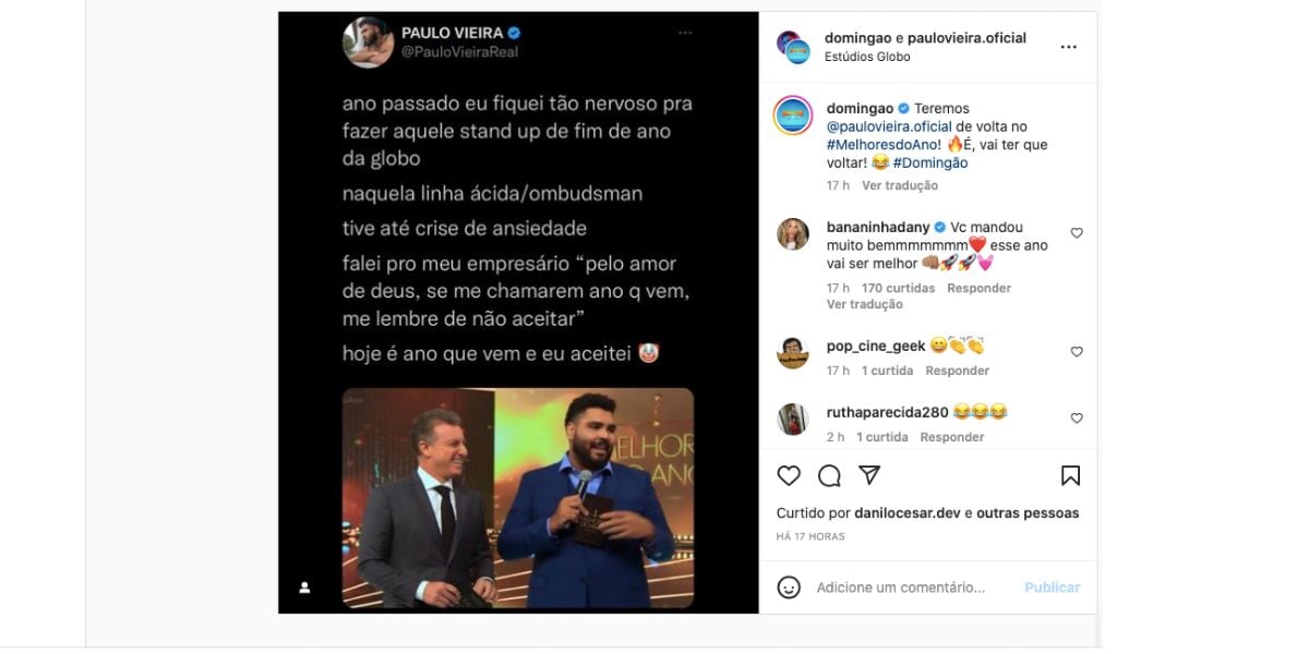 De acordo com Paulo Vieira, ano passado, ele se arrependeu de fazer stund-up no Domingão, de Luciano Huck (Reprodução)