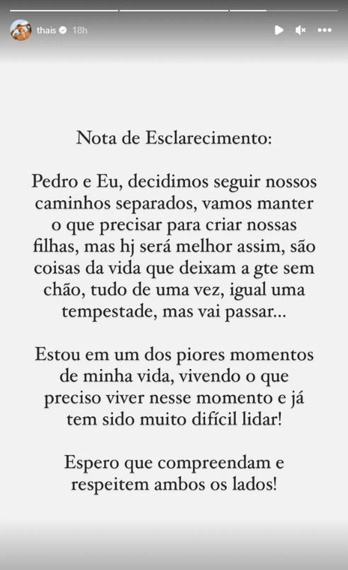 Postagem de Thais Gebelein sobre a separação com o filho de Leonardo, Pedro Leonardo (Foto Reprodução/Instagram)