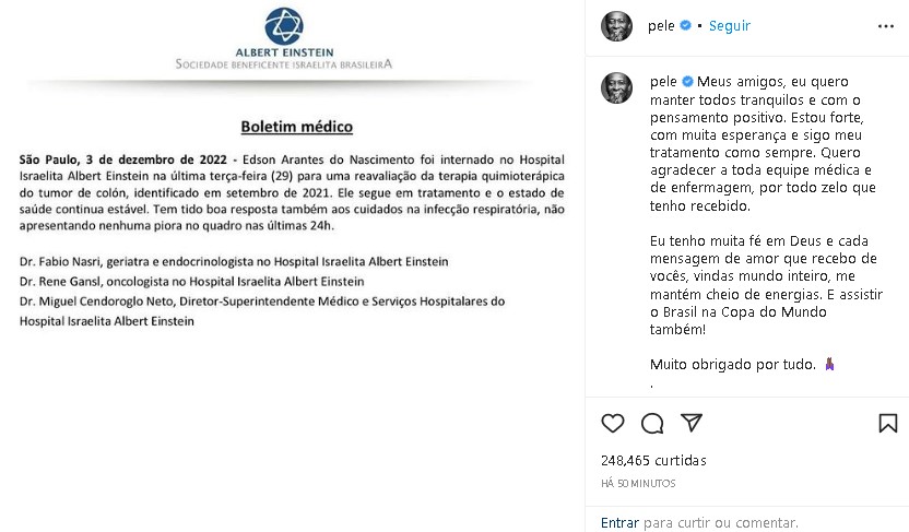 Pelé se pronunciou após internação 