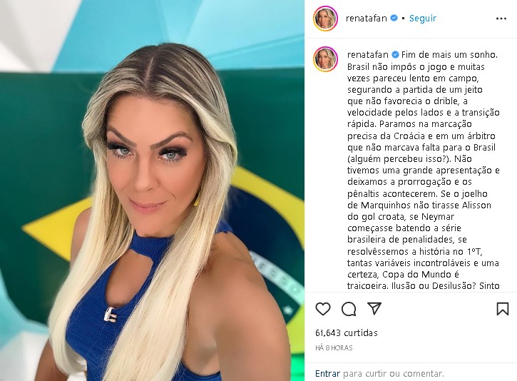 Renata Fan fez textão para falar sobre a derrota do Brasil