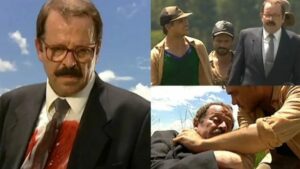 Bruno Mezenga (Antônio Fagundes), Eduardo Suplicy e cena de velório em Rei do Gado (Foto: Reprodução / Globo)