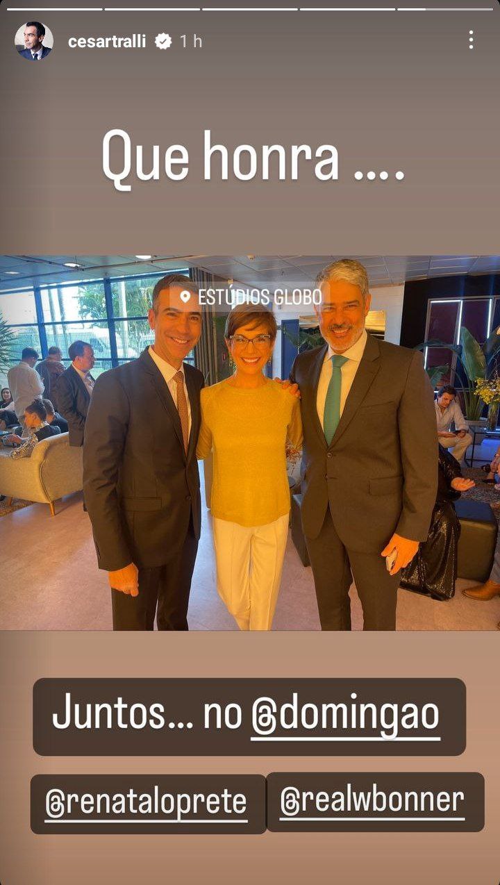 César Tralli, William Bonner e Renata Lo Prete nos bastidores da Globo (Foto: Reprodução)