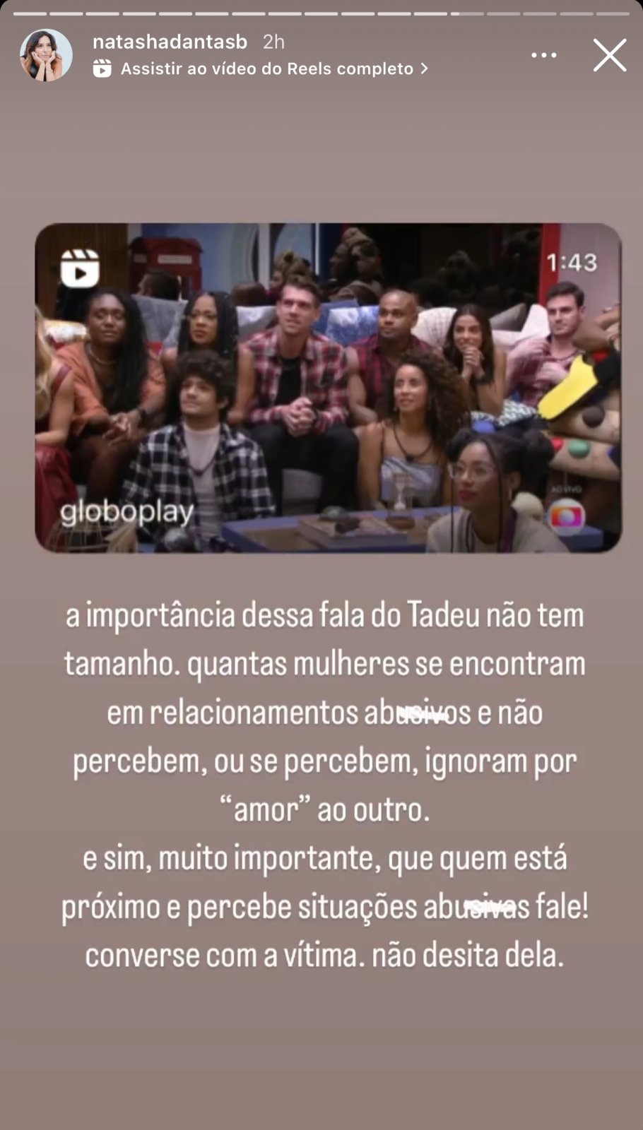 Natasha Dantas, esposa do âncora da Globo, William Bonner, dá sua opinião sobre atitude de Global em rede nacional - Foto Reprodução Instagram