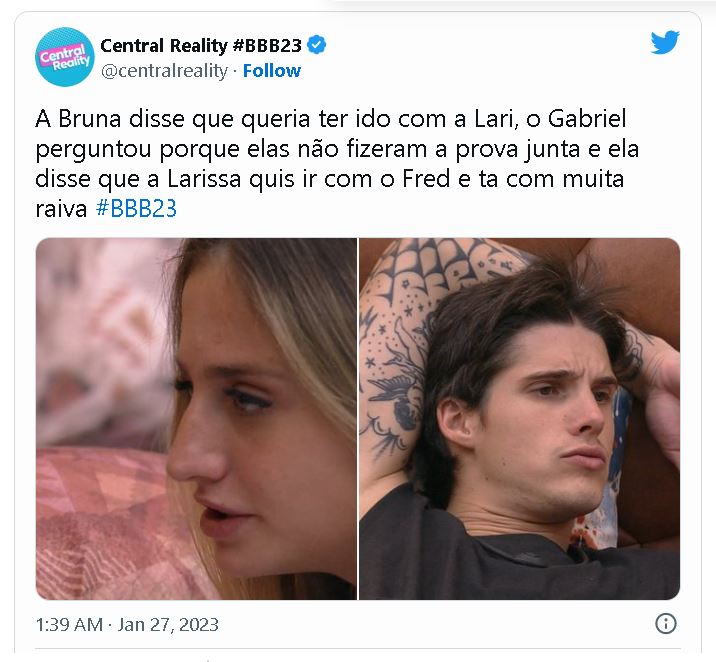 Bruna ataca Larissa, entra no mundinho de Gabriel e web faz reação em cadeia com o que vê no BBB23 - Foto Reprodução