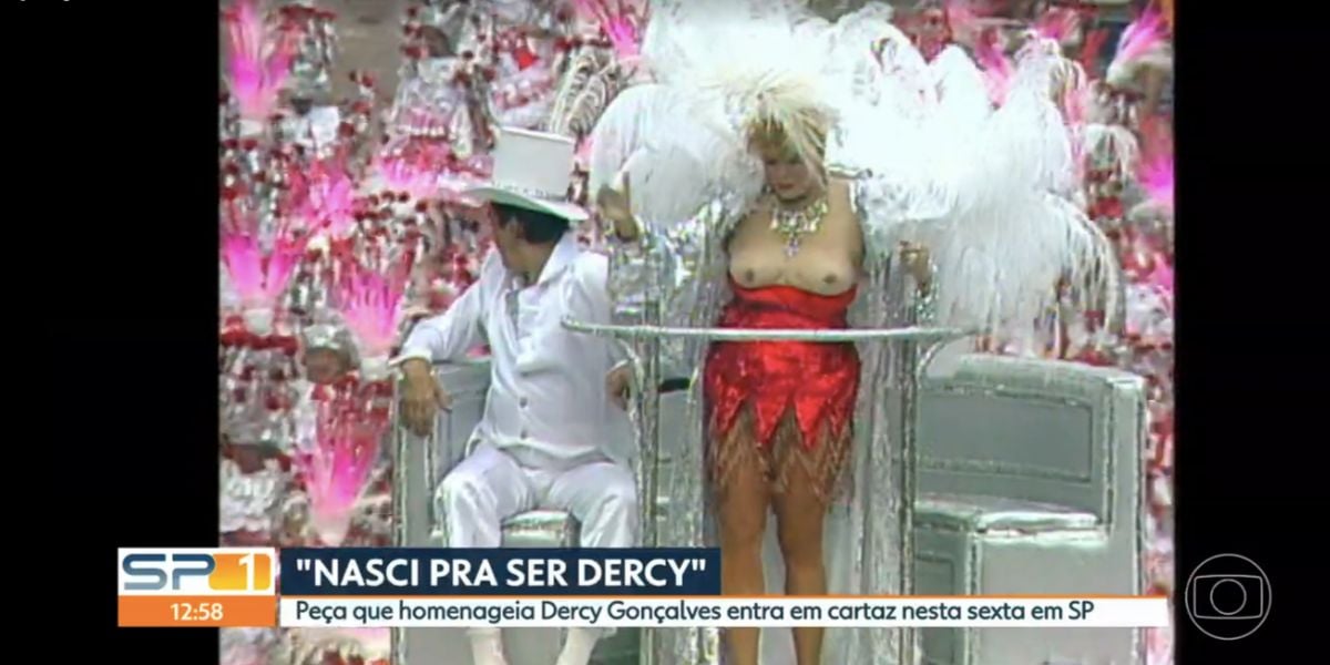 Natália Ariede, âncora do SPTV, mostra imagens de maior atriz da Globo balançando os peitos para público (Foto: Reprodução / Globo) 