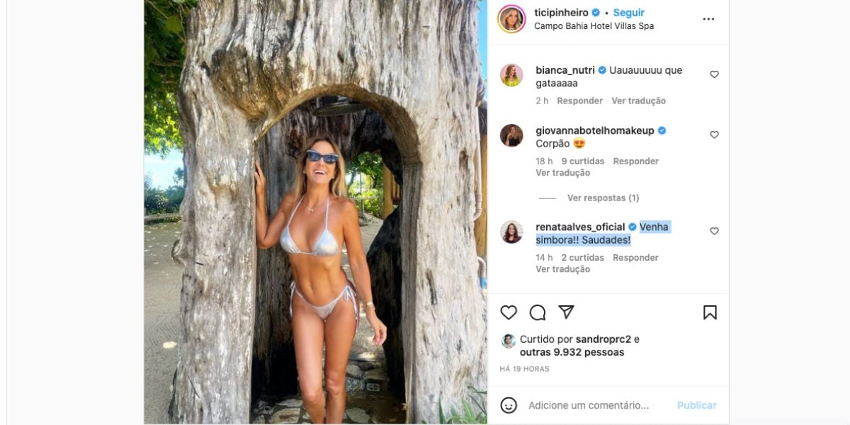 Tici Pinheiro, que está fora do Hoje Em Dia, mostra que está aproveitando as férias da Record na Bahía e recebe recado de Renata Alves, que pede para ela voltar logo para o trabalho devido a saudade (Foto: Reprodução / Instagram )