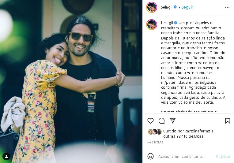 Bela Gil e João Paulo Demasi anunciaram a separação após 19 anos juntos (Foto: Reprodução)